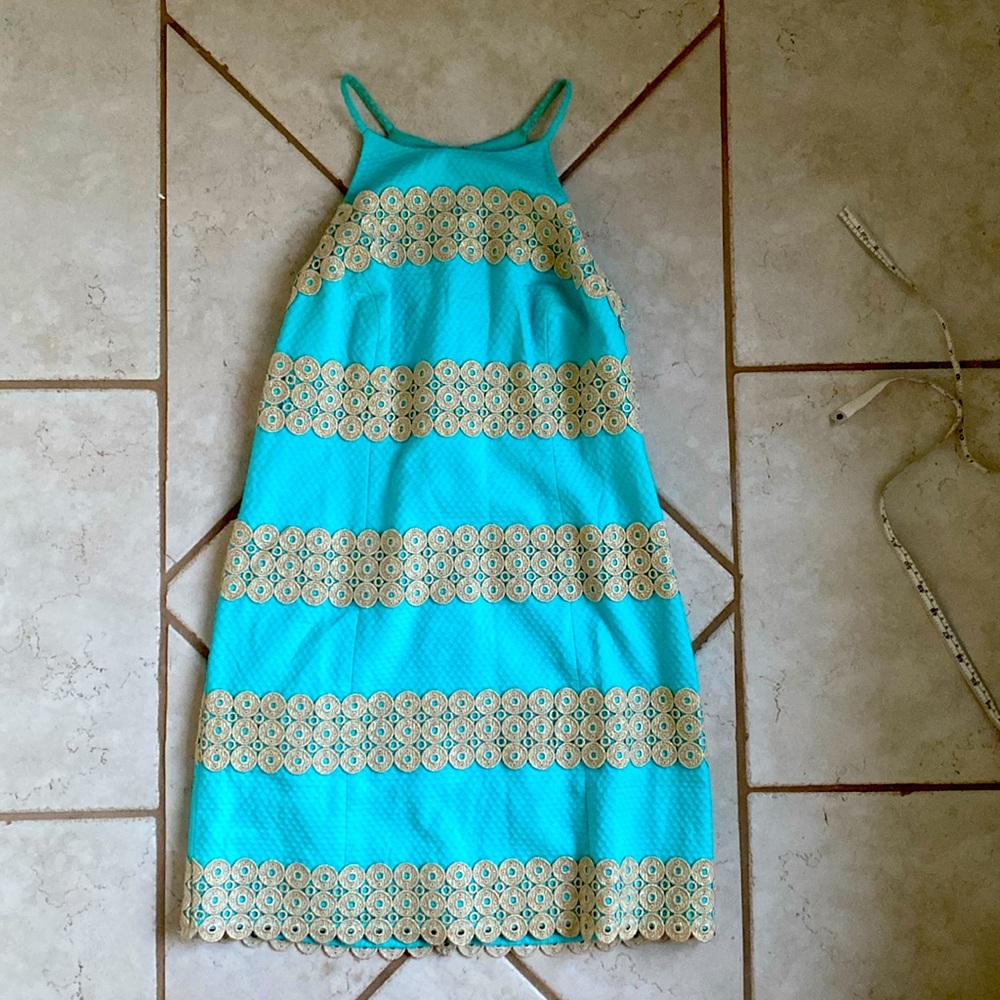 Lilly Pulitzer Annabelle Shift Dress Turquoise Gold Lace- Size: 0 EUC Small
